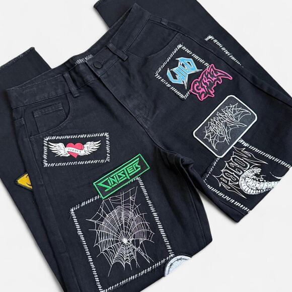 NWOT Dolls Kill Current Mood Black Patched Punk Distressed Hem Baggy Jeans XS - Picture 6 of 7